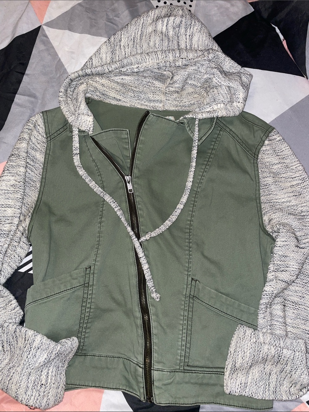 Women’s Olive Green Hooded Mixed-Media Jacket